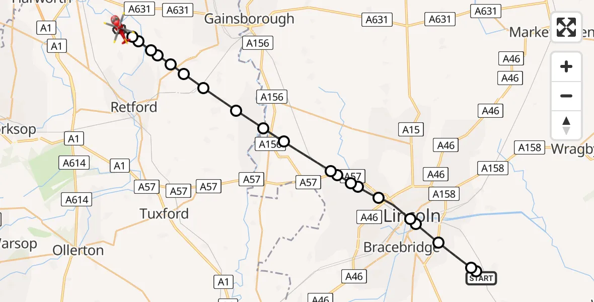 Routekaart van de vlucht: Air Ambulance Helicopter to Mattersey, Retford Road