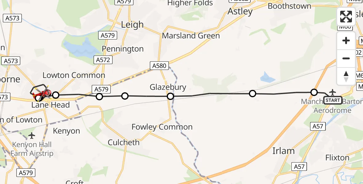 Routekaart van de vlucht: Air Ambulance Helicopter to Lowton St Luke's, Church Lane