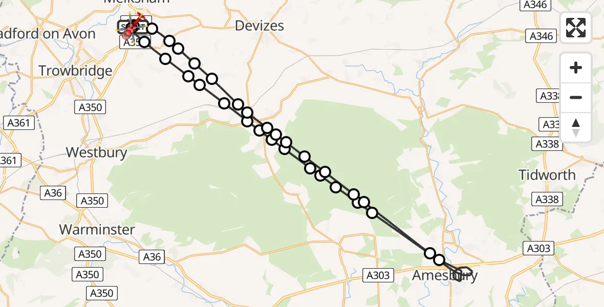 Routekaart van de vlucht: Air Ambulance Helicopter to Melksham, Commerce Way