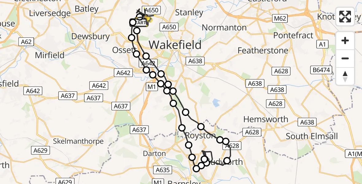 Flight path map showing Police Helicopter route from East Ardsley to East Ardsley
