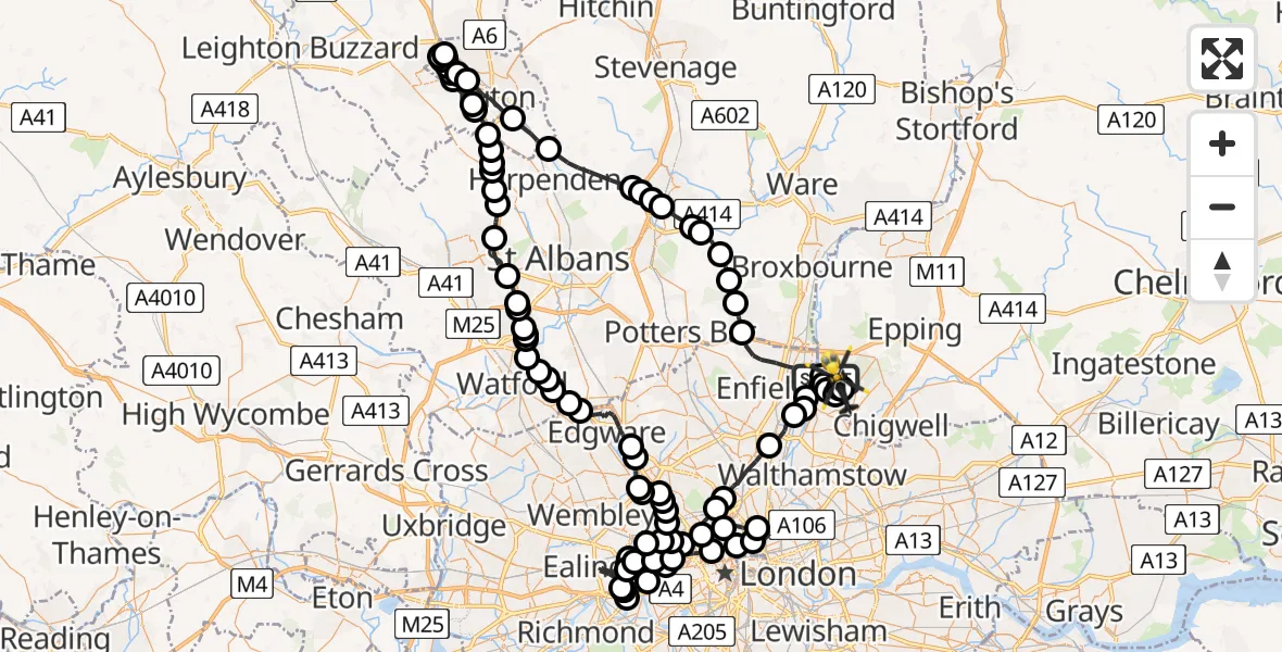 Flight route map: Police Helicopter to Sewardstonebury, Bury Road