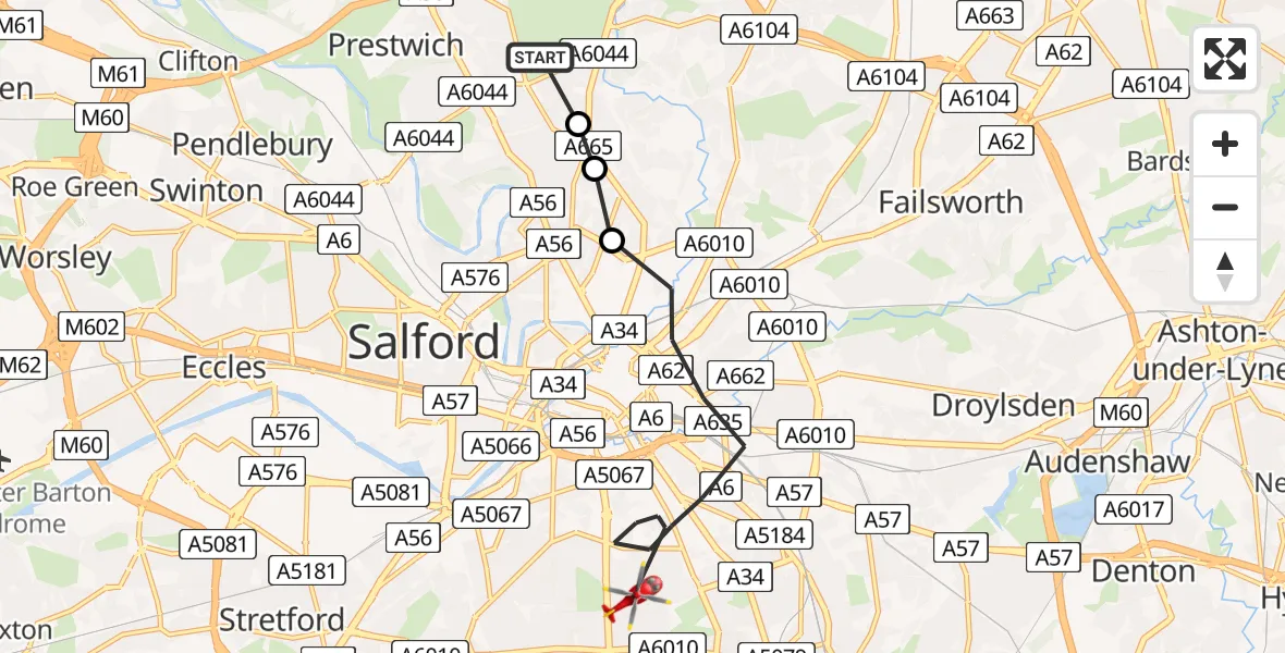 Routekaart van de vlucht: Air Ambulance Helicopter to Manchester, Lloyd Street South