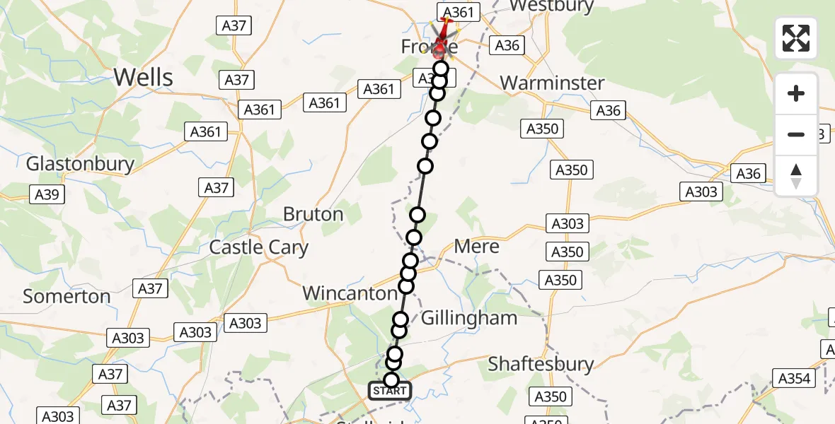 Flight route map: Air Ambulance Helicopter to Frome, Berkley Road