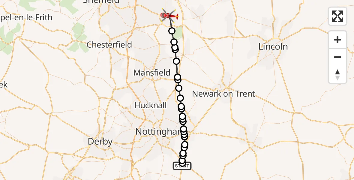 Flight route map: Air Ambulance Helicopter to Worksop, Blyth Road
