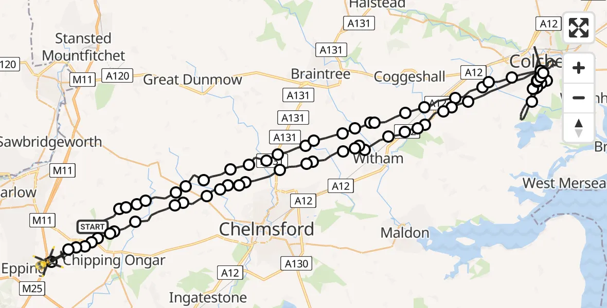 Flight route map: Police Helicopter to Coopersale, Gains Ride