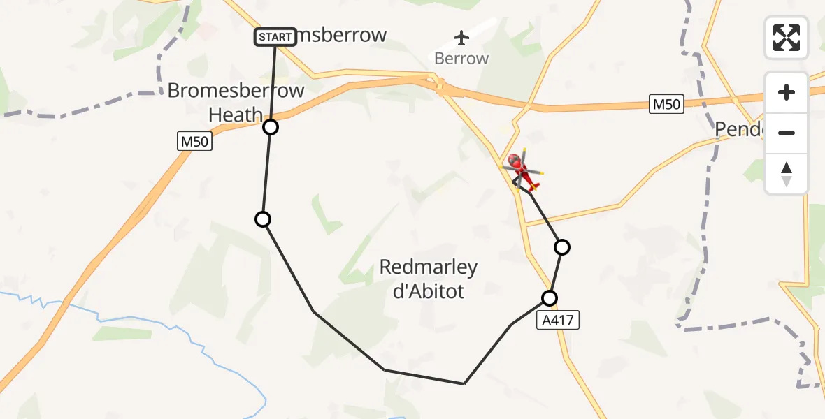 Flight route map: Air Ambulance Helicopter to Redmarley d'Abitot, A417