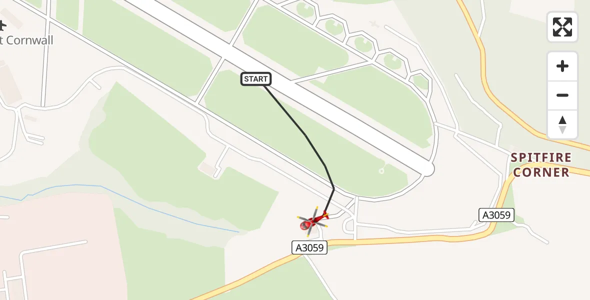 Flight path map showing Air Ambulance Helicopter route from Cornwall Airport Newquay to Cornwall Airport Newquay
