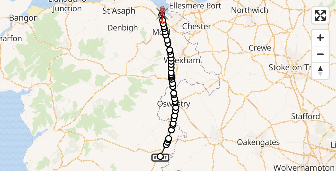 Flight route map: Air Ambulance Helicopter to Flint, Maes Hyfryd