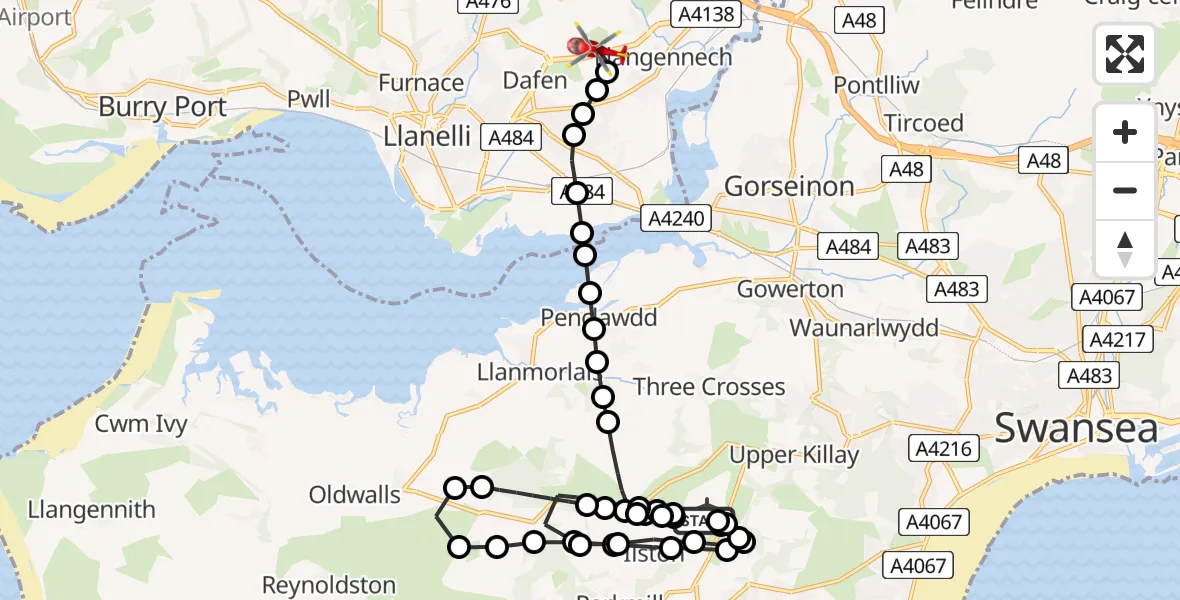 Flight route map: Air Ambulance Helicopter to Dafen, Llanelli Spinal Route