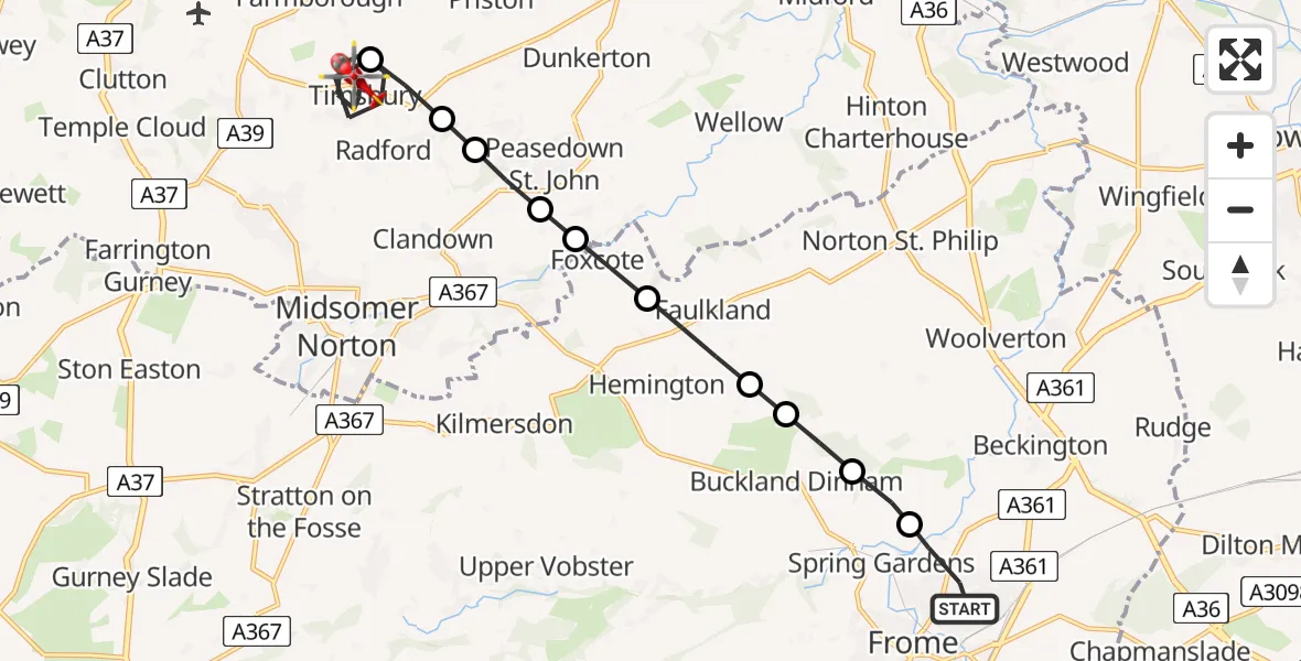 Flight route map: Air Ambulance Helicopter to Timsbury, North Road
