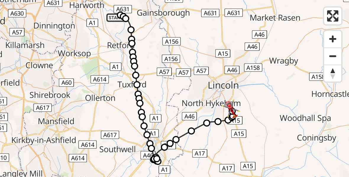 Routekaart van de vlucht: Air Ambulance Helicopter to North Kesteven, Sleaford Road