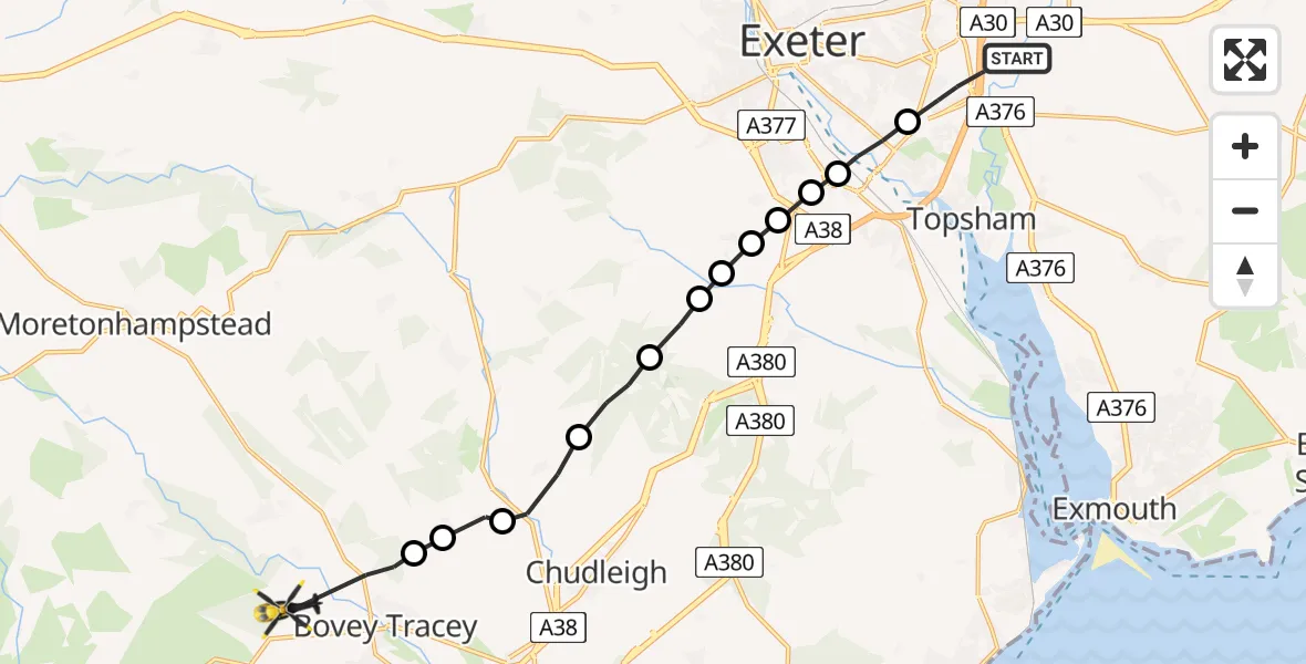 Flight route map: Police Helicopter to Bovey Tracey, Bovey Tracey