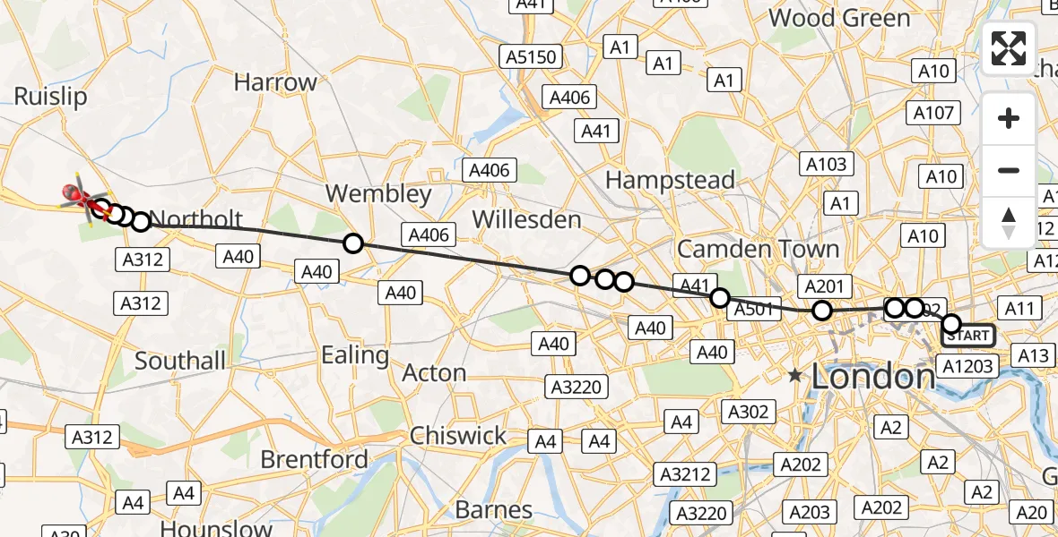 Flight route map: Air Ambulance Helicopter to RAF Northolt, RAF Northolt