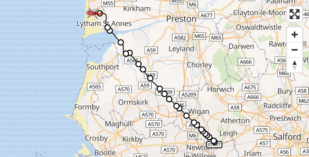 Routekaart van de vlucht: Air Ambulance Helicopter to Blackpool Airport, Blackpool Airport