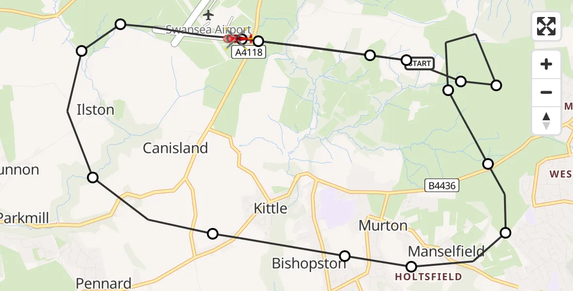 Flight route map: Air Ambulance Helicopter to Swansea Airport, Swansea Airport
