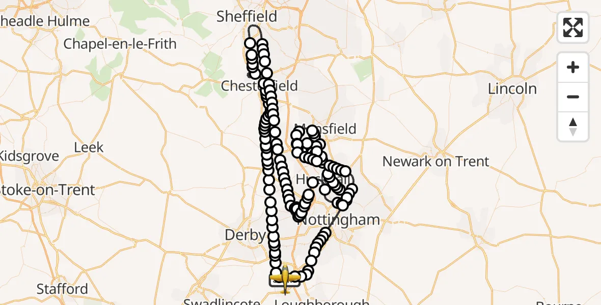 Flight route map: Police Aircraft to East Midlands Airport, East Midlands Airport