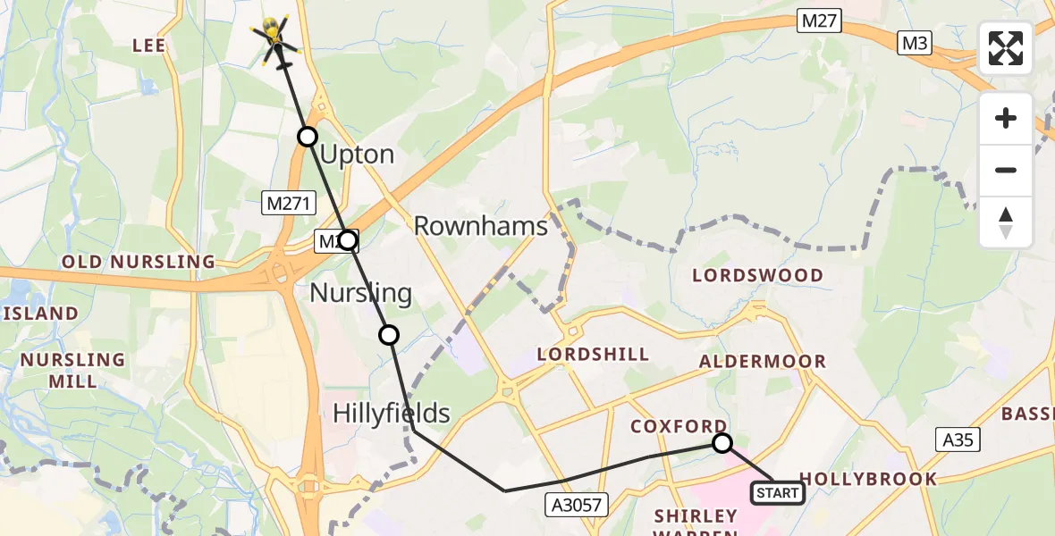 Flight route map: Police Helicopter to Upton, Coldharbour Lane
