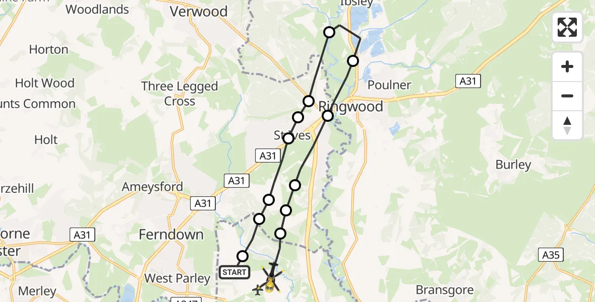 Flight route map: Police Helicopter to Bournemouth Airport, Bournemouth Airport
