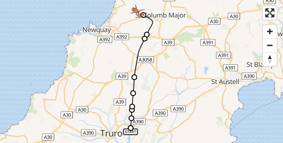 Flight route map: Coastguard Helicopter to Cornwall Airport Newquay, Cornwall Airport Newquay