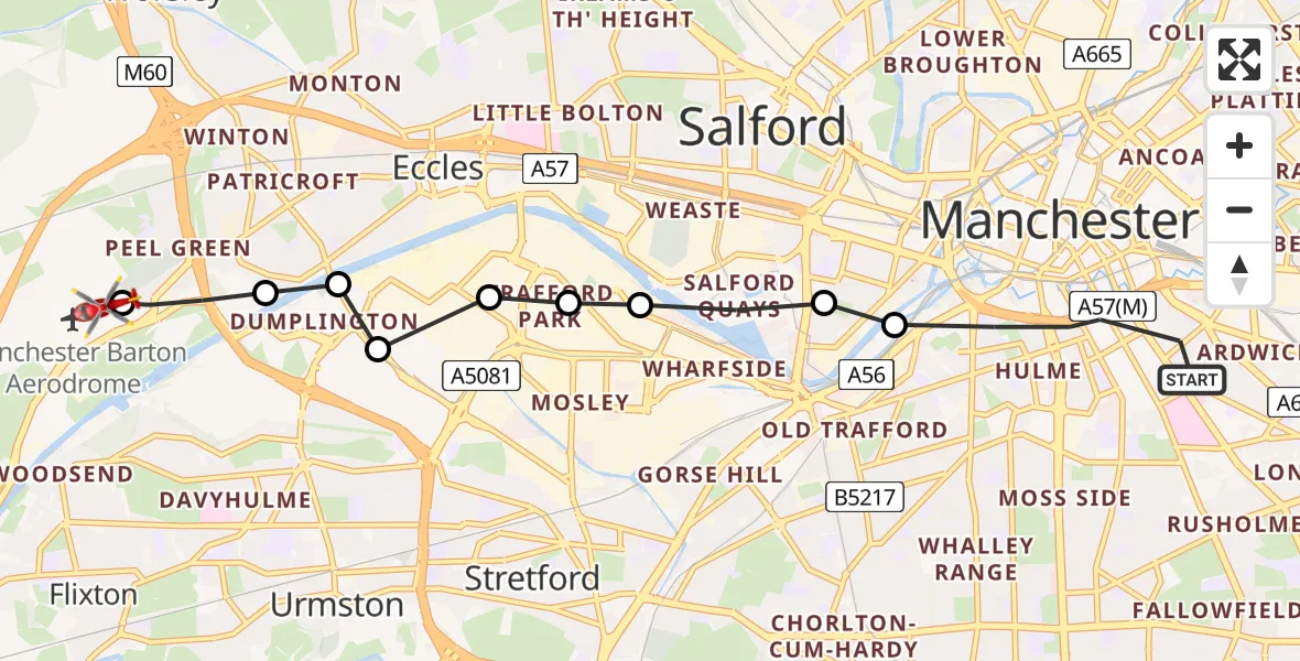 Flight route map: Air Ambulance Helicopter to Manchester Barton Aerodrome, Manchester Barton Aerodrome