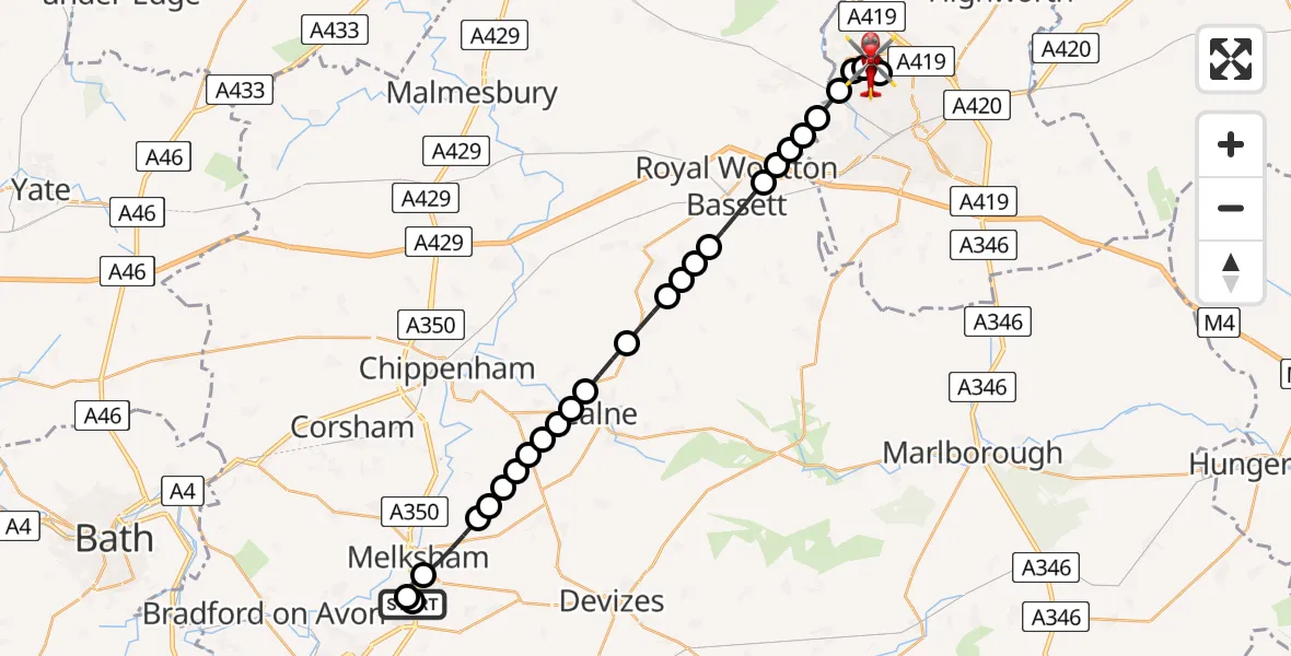 Flight route map: Air Ambulance Helicopter to Blunsdon St Andrew, Mazurek Way