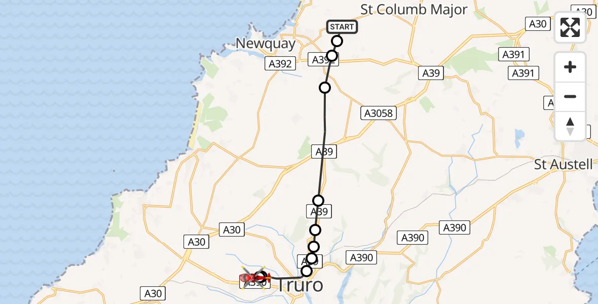 Flight route map: Air Ambulance Helicopter to Treliske Hospital, Treliske Hospital