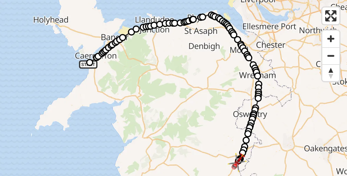 Flight route map: Air Ambulance Helicopter to Welshpool Airport, Welshpool Airport