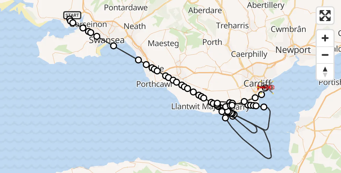 Flight route map: Air Ambulance Helicopter to Cardiff Heliport, Cardiff Heliport