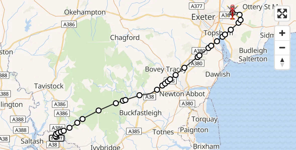 Flight route map: Air Ambulance Helicopter to Exeter International Airport, Exeter International Airport