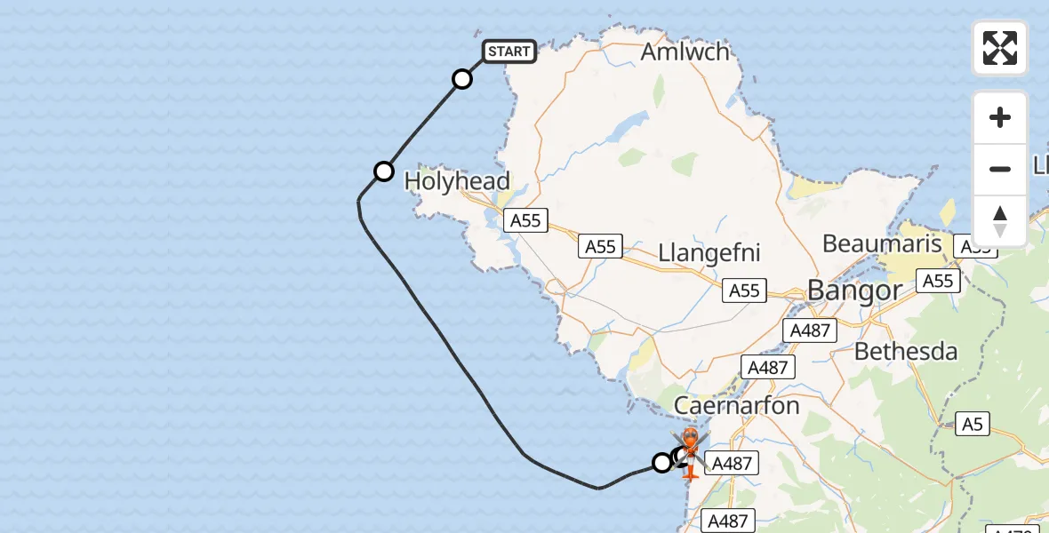 Flight path map showing Coastguard Helicopter route from  to Caernarfon Airport