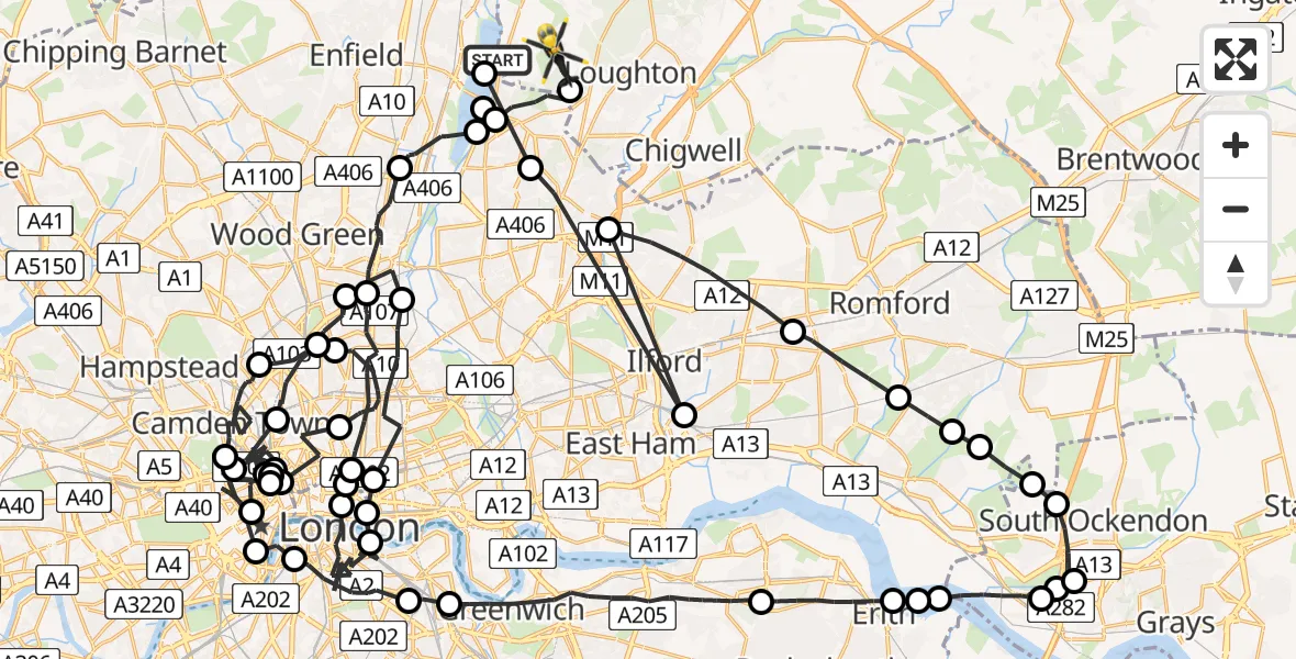 Flight path map showing Police Helicopter route from Sewardstonebury to Sewardstonebury