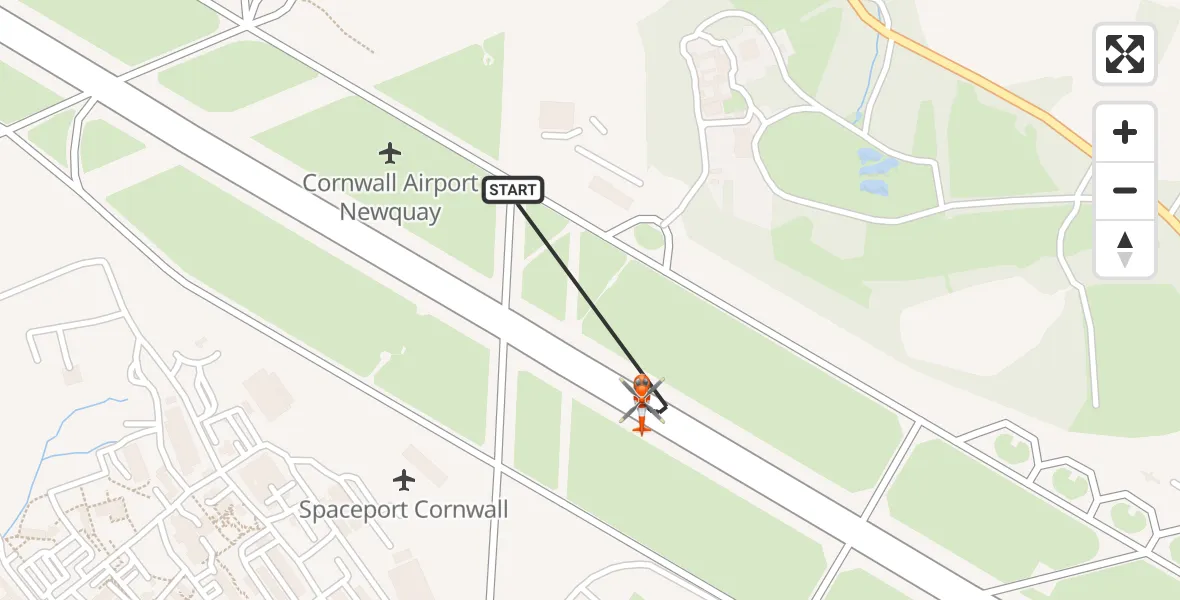 Flight path map showing Coastguard Helicopter route from Cornwall Airport Newquay to Cornwall Airport Newquay