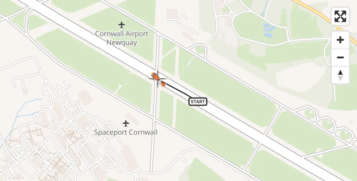 Flight path map showing Coastguard Helicopter route from Cornwall Airport Newquay to Cornwall Airport Newquay