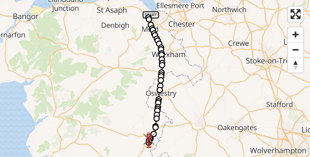 Flight route map: Air Ambulance Helicopter to Welshpool Airport, Welshpool Airport