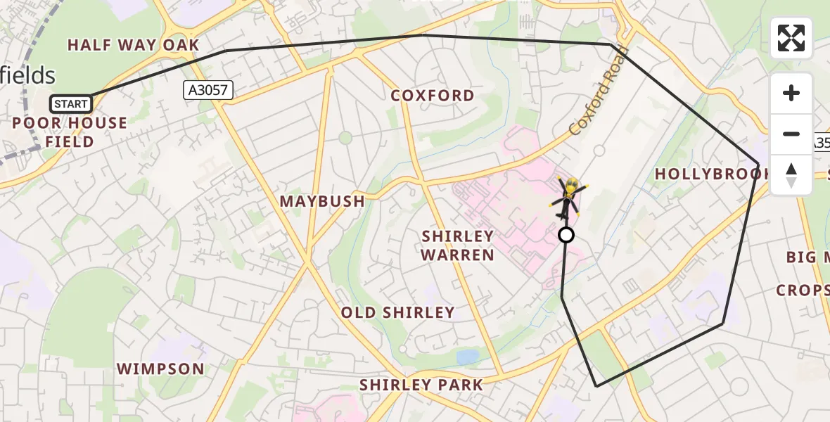 Flight route map: Police Helicopter to University Hospital Southampton, Lordsdale Greenway