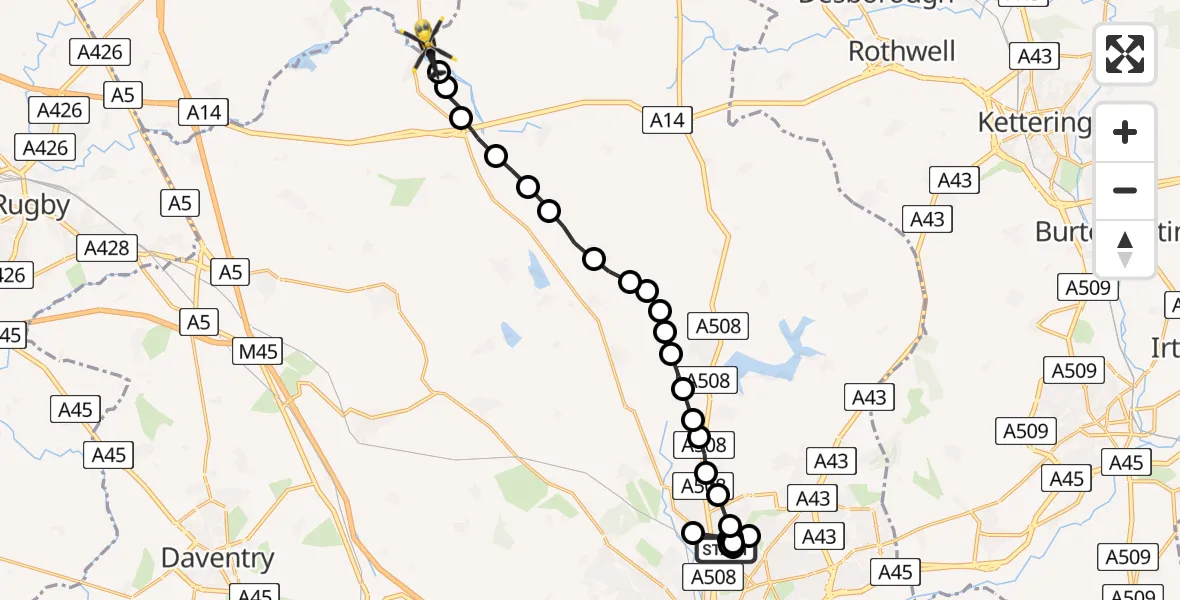 Flight route map: Police Helicopter to Welford, Naseby Road
