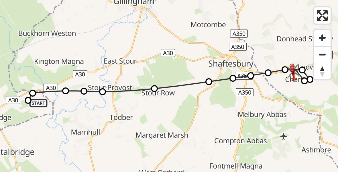Flight route map: Air Ambulance Helicopter to Charlton, Charlton