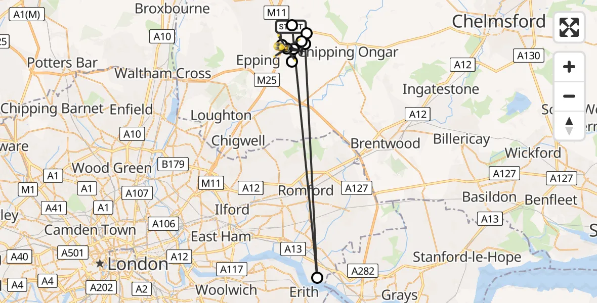 Flight route map: Police Helicopter to North Weald Bassett, Pike Way