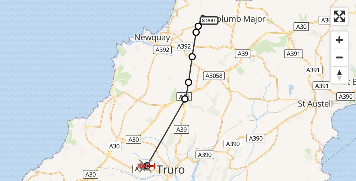 Flight route map: Air Ambulance Helicopter to Treliske Hospital, Treliske Hospital