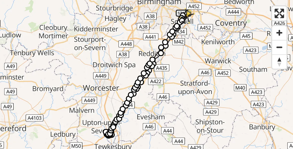 Flight route map: Police Helicopter to Hampton in Arden, Damson Parkway