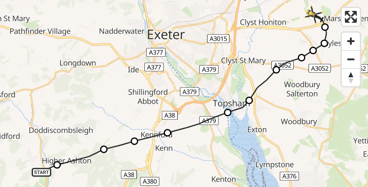 Flight route map: Police Helicopter to Rockbeare, Silver Lane
