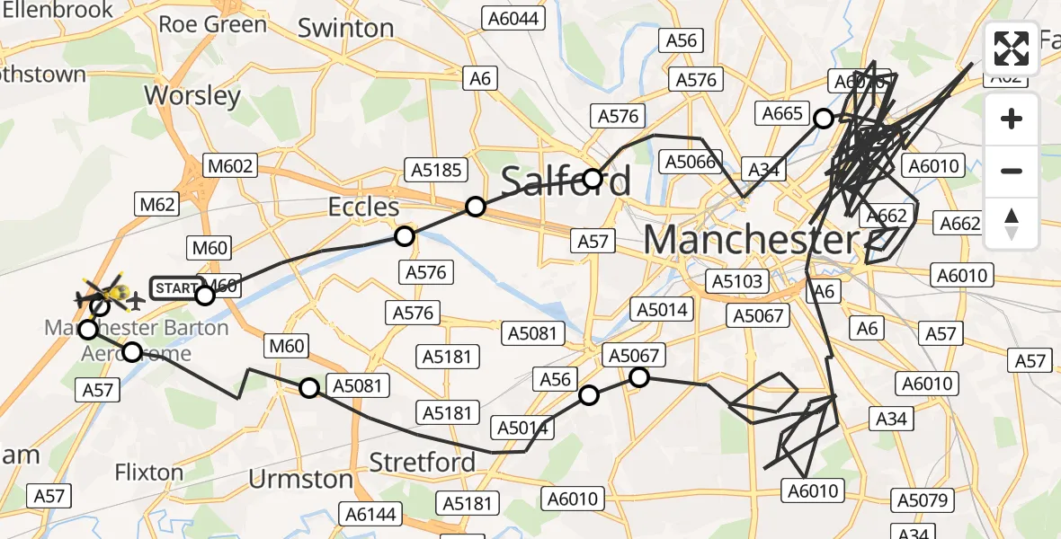 Flight path map showing Police Helicopter route from Manchester Barton Aerodrome to Irlam