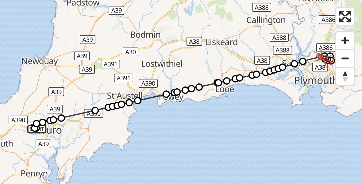 Flight route map: Air Ambulance Helicopter to Derriford Hospital, Derriford Hospital