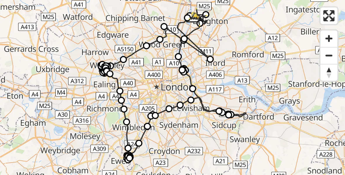 Flight route map: Police Helicopter to Metropolitan Police Air Support Unit Lippitts Hill, Metropolitan Police Air Support Unit Lippitts Hill