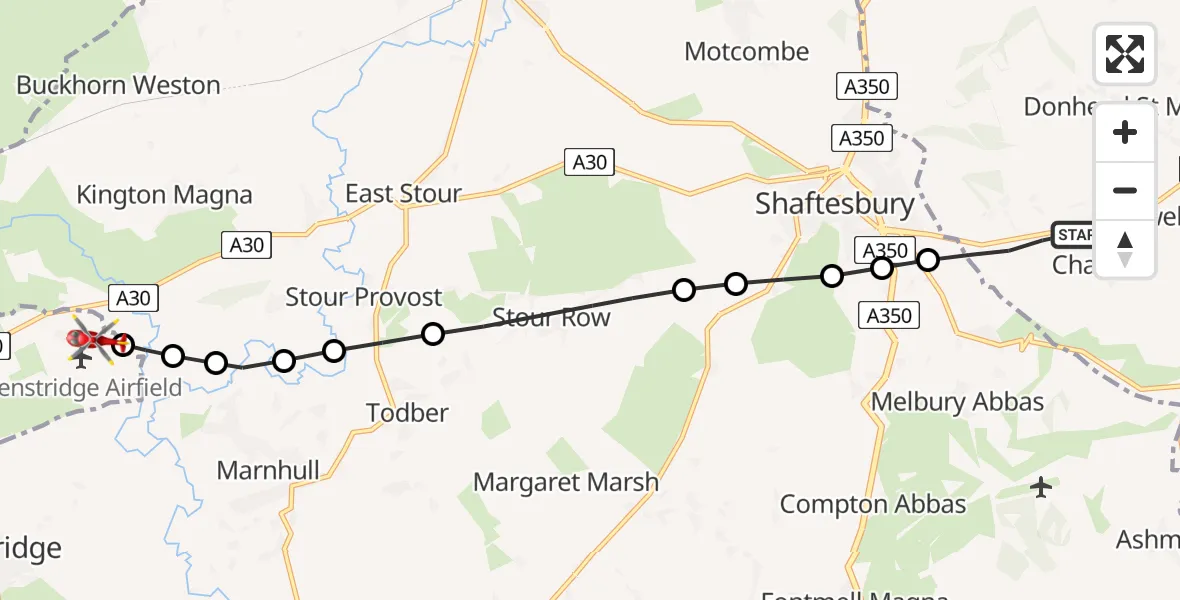 Flight route map: Air Ambulance Helicopter to Henstridge, Henstridge Airfield