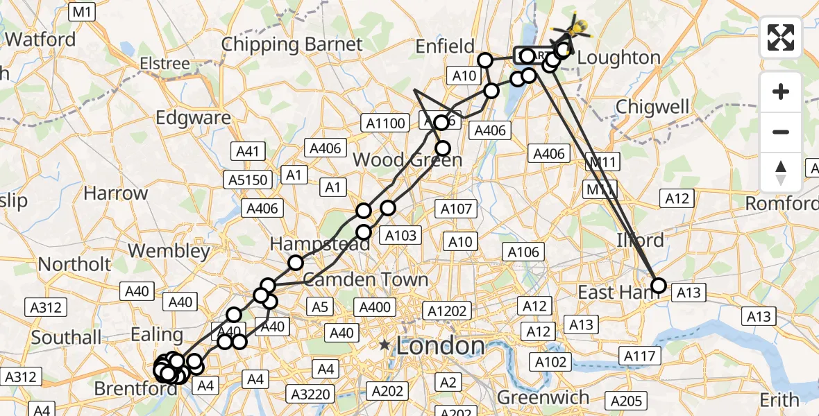 Flight route map: Police Helicopter to Sewardstonebury, Lippitts Hill