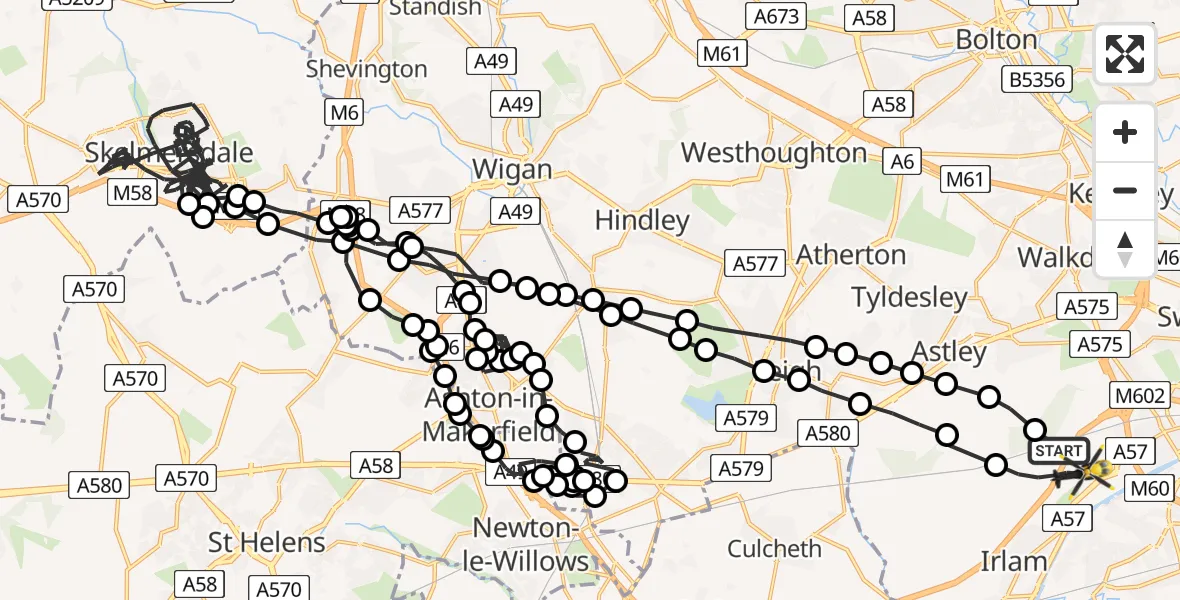 Flight path map showing Police Helicopter route from Irlam to Manchester Barton Aerodrome