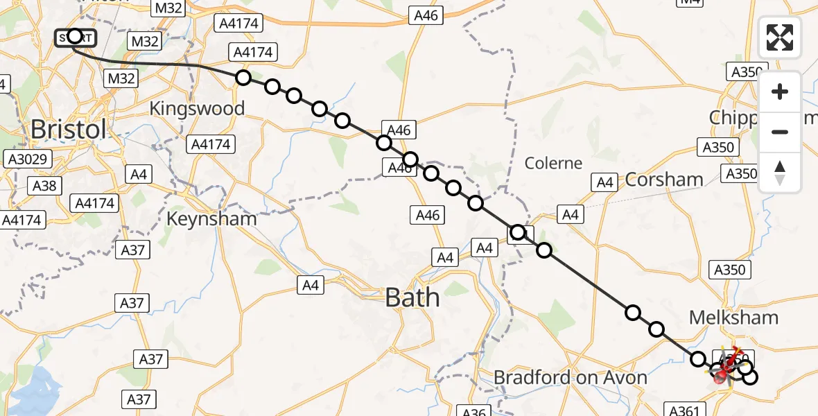 Flight route map: Air Ambulance Helicopter to Wiltshire Air Ambulance, Wiltshire Air Ambulance