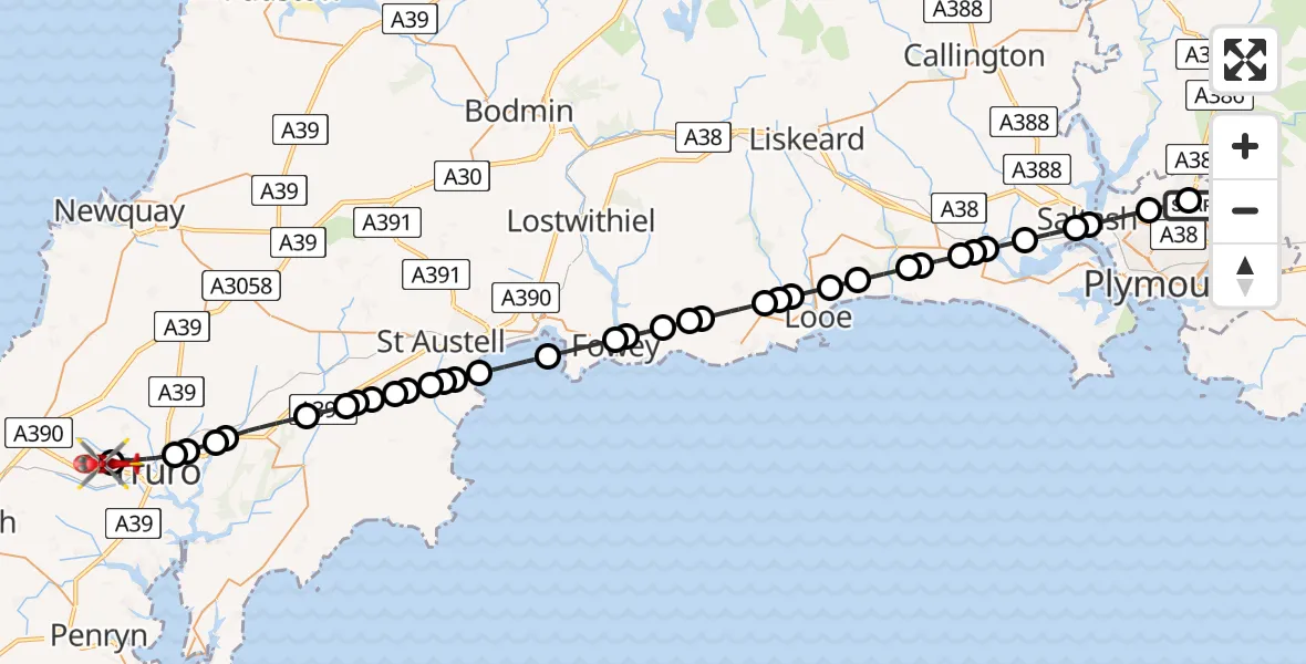 Flight route map: Air Ambulance Helicopter to Treliske Hospital, Treliske Hospital