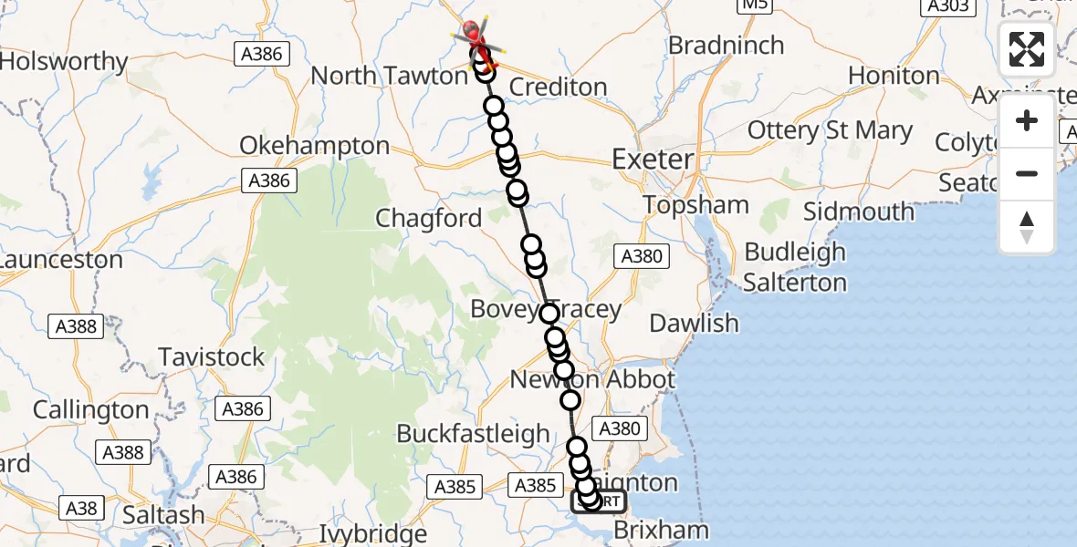 Flight route map: Air Ambulance Helicopter to Down St Mary, A377